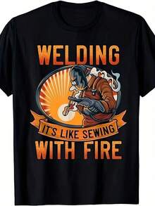 Men'S Funny Welding Shirt - "Welding It'S Like Sewing With Fire" Graphic Tee - Welder Design With Welding Helmet - Heavy Duty Humor Gift For Welders - Regular Fit Work Casual Apparel - All-Season Welder Apparel - 黑色 - 查看 2