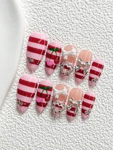10Pcs Sweet And Edgy Style Handmade Nail Art Set,Unghie Press On,Bow, Cutout Heart,Stripes, Cherries,Red And Pink Nail Polish,Includes Nail Tools,3 Sizes Available,Almond Nails , Duck Nails,Coffin Nails For Party, Dance, Daily Wear - 彩色 - 查看 19
