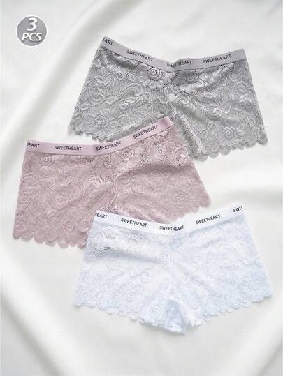 3条装女士低腰蕾丝平角内裤，性感花卉薄纱蕾丝内裤，透气平角裤，SWEETHEART字母腰带，柔软弹力不卷边，日常穿着