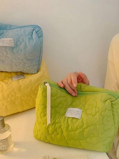 Túi đựng mỹ phẩm cỡ lớn màu xanh lá cây họa tiết hoa dễ thương, túi xách tay mềm mại bằng vải nhung họa tiết hoa dành cho nữ khi đi du lịch.