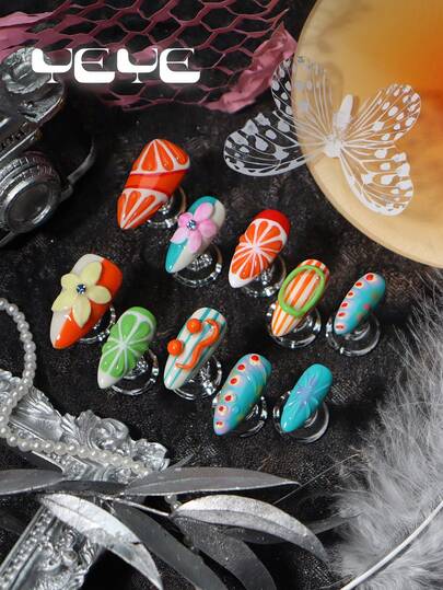 10pcs Almond Press On False Nails,Orange,Blue,White,Green,Stripe,Blooming,3D Three-Dimensional Decoration Element,Grapefruit,Flower,Cool Summer Holiday Full Coverage Acrylic Fake Nails Press On Handmade Set,Fruit Nail Supplies Suitable For Women And Girls Including Tools,Hot Girls Nail Art Suitable For Party, Holiday,Festivals And Daily Wear