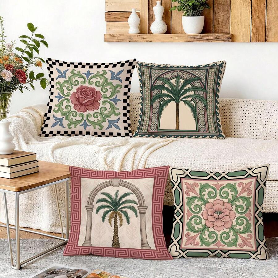 4件套复古花卉棕榈树图案靠垫套 - 蜜桃绒装饰枕套，适用于客厅、沙发、卧室，不含枕芯 - 彩色 - 查看 1