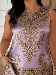 Purple Base Gold Scroll Pattern Position Print Women's Notch Neck Sleeveless Wide Leg Pants Set, Polyester Fabric, Lightweight & Breathable, Women's Clothing, Regular Women's Clothing, Women's Set, Plus Size Women's Clothing, Plus Size Two Piece Set - 彩色 - 查看 3