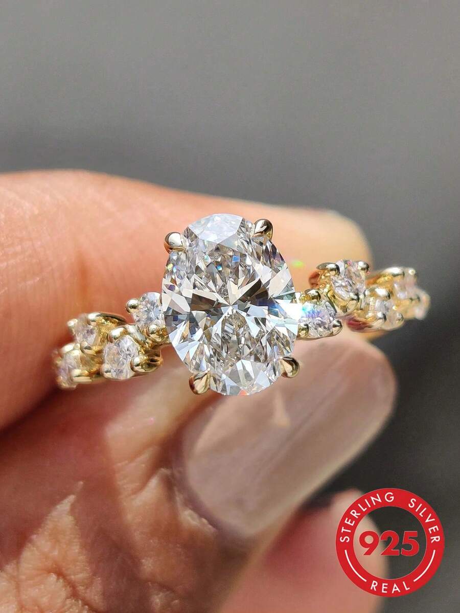 1枚925纯银闪亮椭圆形水钻戒指，女士经典透明闪亮银戒指，复古风格，适合作为手指饰品或礼物