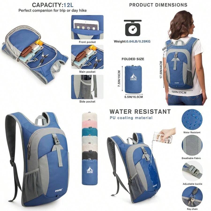 - Mochila pequeña de 12 l plegable y ligera para excursionismo camping viajes y escalada - Azul  Gris - Ver 1