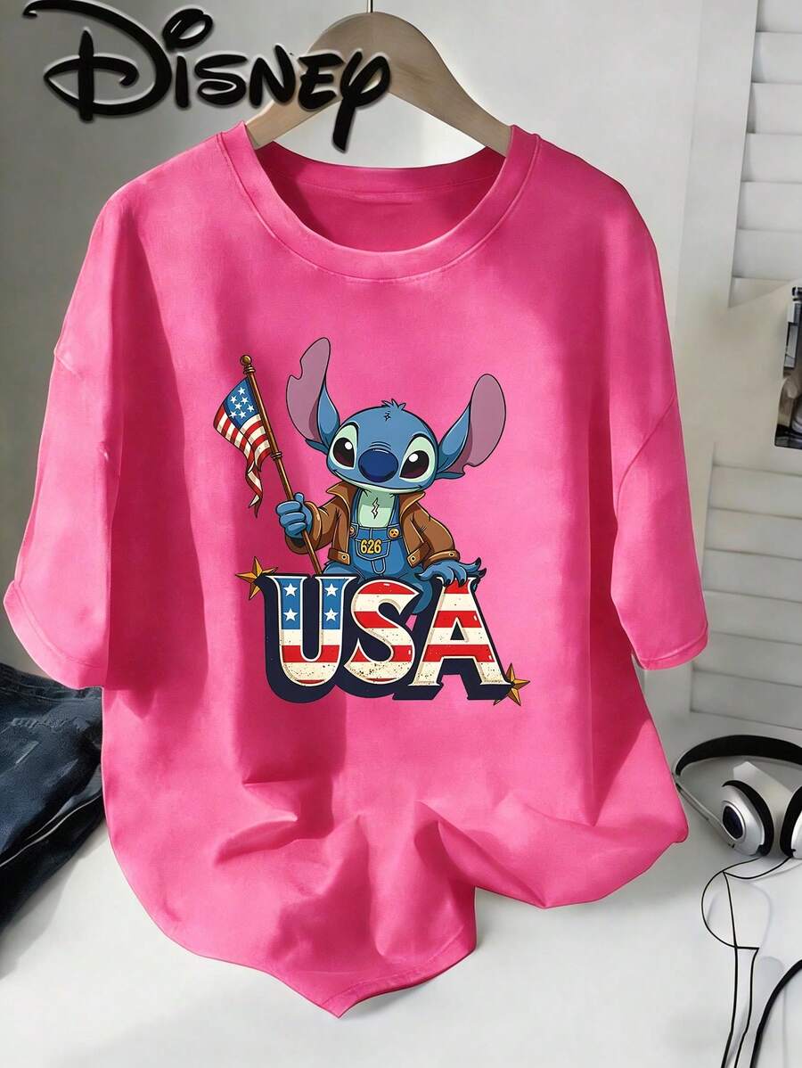 Disney Lilo & Stitch USA Patriotic Vintage Washed Brown Oversized Cotton T-Shirt, Extra Large Baggy Fit Tee For Women Men, Stitch Fan Top - 玫紅色 - 查看 1