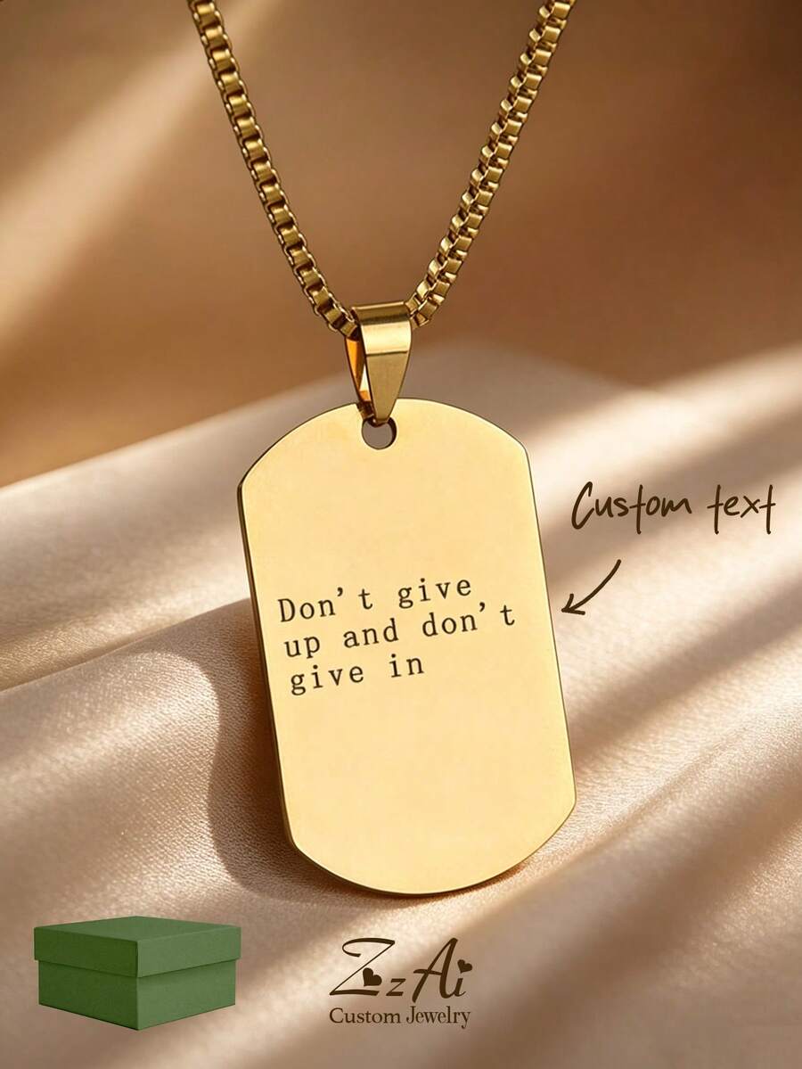 1 pieza Colgante de Placa de Identificación Militar, Grabado por Láser, Colgante Personalizable con Logo, Texto Personalizado, Citas, Números Conmemorativos, Nombres, etc., Collar de Acero Inoxidable de Alta Calidad Chapado en Oro de 18K, Incluye Caja de Regalo, Adecuado para Novio, Novia, Familia, Amante, Día de San Valentín, Regalo de Fiesta - Dorado - Ver 1