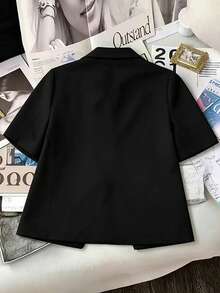 Áo blazer nữ tay ngắn kiểu dáng thường ngày, màu trơn tối giản, cài một hàng khuy, thanh lịch, phù hợp cho công sở, mặc hàng ngày, mùa hè, màu đen. - màu đen - Xem 2