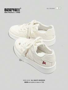 BEIER 女士休闲运动鞋，学院风系带圆头低帮真皮平底鞋 - 米色 - 查看 5