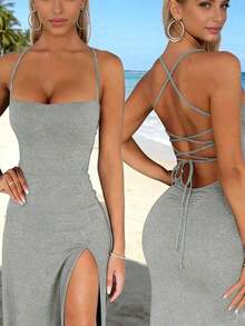Sexy Solid Color Criss-Cross Backless High Slit Dress, Summer Casual Party Elegant Black - 淺灰色 2 - 查看 3