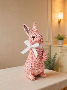 1pc Resin Woven Rabbit Statue With White Ribbon - Rustic Farmhouse Style Living Room, Coffee Table And Bookshelf Decor. This Charming Woven Texture Rabbit Statue Adds A Warm And Natural Atmosphere To Your Home. Perfect For Spring, - B - View 3