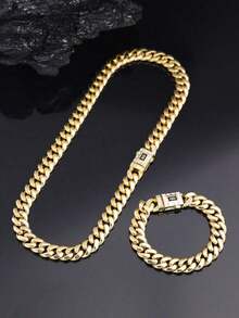 2pcs CVNANA Gold-Plated Men's Cuban Link Necklace & Bracelet Set, Punk Style Unisex Hip Hop Luxury Neck Chain Jewelry Set, Elegant Christmas Gift, Fashion Necklace, Perfect For Birthday, Valentine's Day, Father's Day - C - View 11