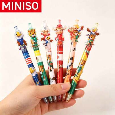 Miniso 【名创优品】6支装世界杯卡通吉祥物圆珠笔，黑色墨水按动式圆珠笔，适合学习和办公使用，球迷理想礼物，学生奖励和节日礼物佳选