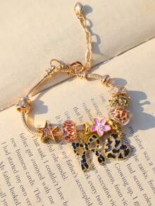 1件豹纹蝴蝶结爱心吊坠手链，豹纹蝴蝶结樱花手链，豹纹星星DIY手链，时尚豹纹金手链 - 金色 - 查看 7