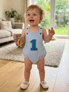 Baby Girls Boys First Birthday Romper Sleeveless Number Embroidery Overalls Playsuit - Blue - View 3