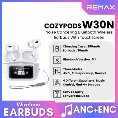  REMAX COZYPODS W30N Trådlösa Hörlurar, Smart Pekskärm i Fullfärg, Aktiv Brusreducering, 13 mm Dynamisk Högtalare, Bluetooth 5.4, Vit