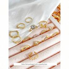 15pcs/Set European And American INS Style Imitation Gem Rings, Faux Pearl Flower Geometric Crystal Bowknot Ring Set - 金色 - 查看 4
