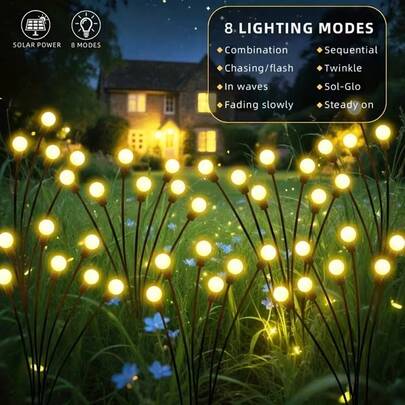 1pc 6/8/10 LED Solar Firefly Ground Stake Light, Solar Powered Outdoor Pathway Light, Waterproof Garden Landscape Lighting For Patio, Yard, Walkway, Camping, Holiday, Wedding Party Decor