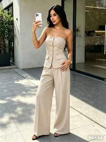 Strapless Bustier Set With Wide Leg Pants - Elegant Style For Women - 杏色 - 查看 4