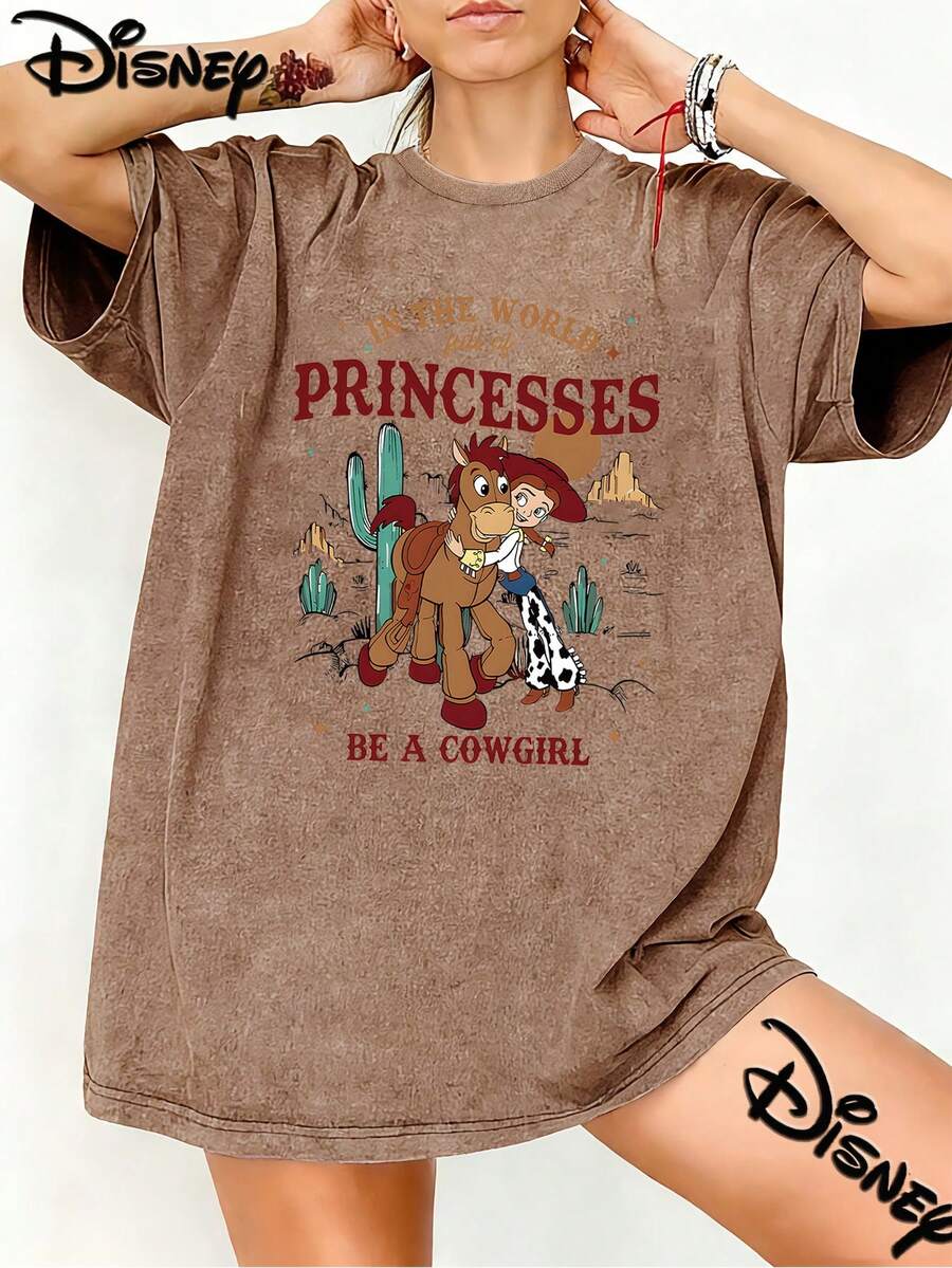 Disney Toy Story Jessie Be A Cowgirl Vintage Washed Black Oversized Cotton T-Shirt, Retro Western Loose Fit Tee For Women, Perfect For Disney Fans, Daily Wear & Gift - Cà phê nâu - Xem 1
