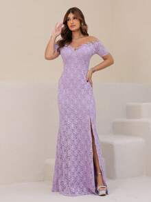 Long, Off-The-Shoulder Party Dress With Lace And Glitter. - Lila Púrpura - Ver 3