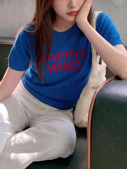 Alicedudu 女士休闲时尚撞色字母印花圆领针织短袖T恤，夏季