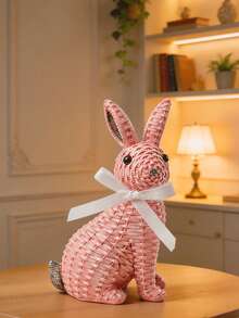 1pc Resin Woven Rabbit Statue With White Ribbon - Rustic Farmhouse Style Living Room, Coffee Table And Bookshelf Decor. This Charming Woven Texture Rabbit Statue Adds A Warm And Natural Atmosphere To Your Home. Perfect For Spring, - B - View 9