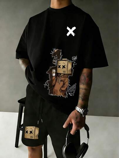 Simple Studio | 男士夏季休闲圆领短袖T恤和抽绳腰短裤套装