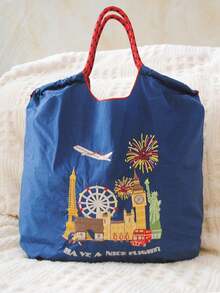 1 pieza Bolsa de compras con patrón bordado de fuegos artificiales y ciudad, bolsa de viaje de gran capacidad, bolso de mano con cordón de nailon - Multicolor - Ver 6