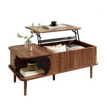 Couchtisch Modern Retro, Höhenverstellbare Tischplatte, Verschiebbare Tür, Walnuss-Optik, Vertikale Rillen, Holzbeine, Multifunctional Wohnzimmertisch - Walnut - View 1