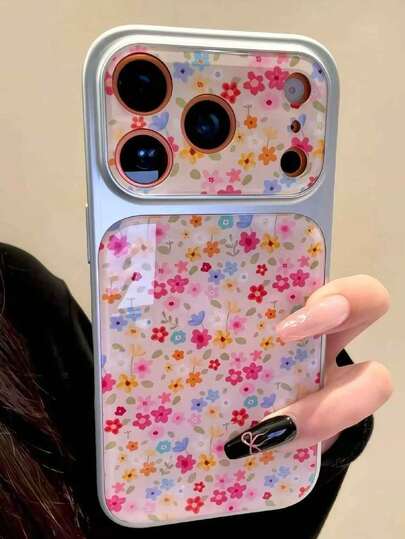 1pc Small Floral Glitter Phone Case With Lens Protection, Silver Pattern Dual Design, Suitable For IPhone 17 Pro Max, 16 Pro Max, 15 Pro Max, 14 Pro Max, Korean Stylish And Interesting Phone Case, Shock-Resistant Frame, Hard Silver Coated Back Cover, Compatible With IPhone 11/12/13/14/15/16 Pro Max Plus, Elegant Design For Both Men And Women, Ideal Gift For Christmas, Valentine's Day, Easter, Wedding Season And Birthday For Girlfriend