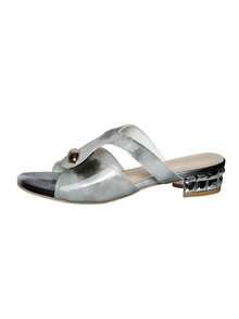 2026 Summer New Ink Gradient Thick Heel Slippers For Women, Metal Buckle Hollow Lacquered Leather Mid-Heel Sandals For Beach, Resort, Elegant, Preppy, Party, Vacation, Casual, Bohemian, Cute, PU Leather, Hollow Buckle, Beach, Holiday, Wedding, Party, Office, Home, Outdoor, Summer, Autumn - Black - View 4