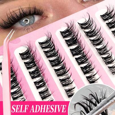  Rikuaild 48/72/84 Pcs D Curl Self Adhesive Eyelash Cluster Fluffy Wet Look, 10-16mm No Glue Needed Individual Eyelash Self Adhesive DIY Eyelash Extension Pre-Glued Cluster Eyelash Natural Soft Wispy Eyelash Clusters, No Glue Need,No Remover,(Attached Teaching Tutorial) Simplicity Of Operator Black False Eyelashes For Beginners,For Daily Life & Wedding & Date & Party & Music Festival & Christmas Use Lash Clusters,Eye Lashes Clusters,Individual Eyelashes,Lashes,Fake Lashes,Spike Lashes