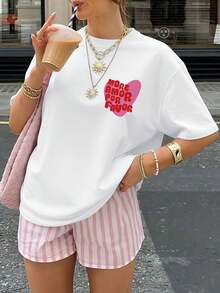 Playera para mujer de algodón, holgada, con estampado "MORE AMOR POR FAVOR" y corazón rosa, estilo casual divertido, cómoda y transpirable, ideal para diario y primavera-verano. - Blanco - Ver 2