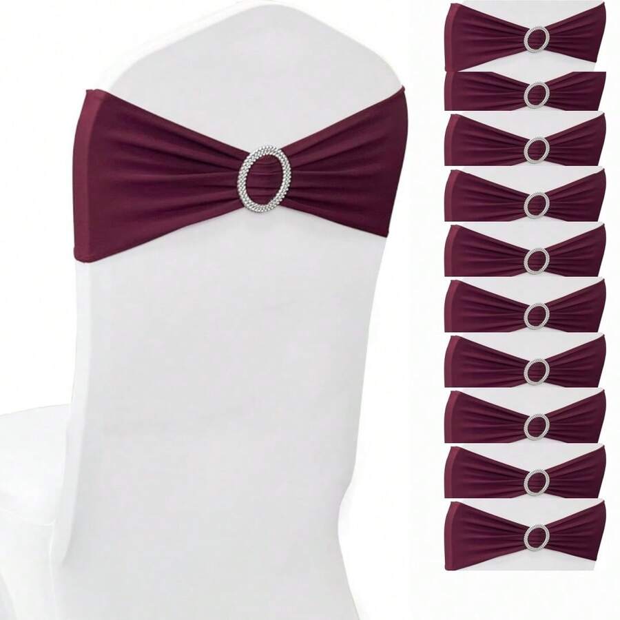10pcs Elastic Chair Bows With Round Buckle Sliders, Spandex Chair Sashes For Graduation, Dance, Wedding, Party Decoration - Burgundy - View 1