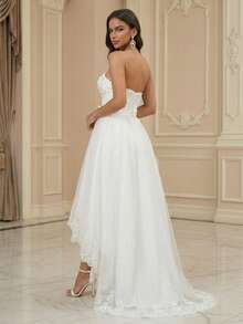 Lace Wedding Dress, Strapless White Long Train Bridal Gown, Women's Formal Evening Dress For Banquet - White - View 7