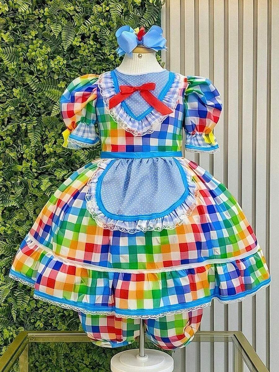 Children's Junina Caipira Party Dress, Checkered, Blue, Colorful, Girl's Junina Party Shorts - 藍色 - 查看 1