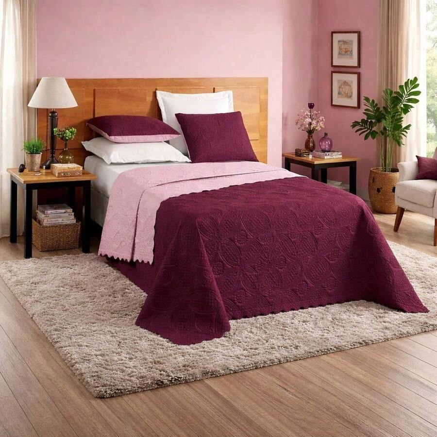 Isa Double-Sided Quilted Bedspread - 勃根地/桃紅葡萄酒 - 查看 1