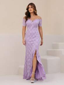 Long, Off-The-Shoulder Party Dress With Lace And Glitter. - Lila Púrpura - Ver 1