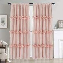 Shabby Chic Window Curtains With Blackout Liner, Boho Ruched Window Treatments With 3 Rows Of Butterfly Flowers, Rustic Rod Pocket Drapes For Living Room, 54"W X 84"L, 2 Panels - Peach Pink - View 12