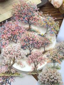 10入清新花卉植物開花花樹PET防水貼紙包，花樹主題DIY景觀剪貼簿日記背景裝飾貼紙，可愛日系手帳手工、學校辦公用品、剪貼簿素材 - 長方形 - 查看 2
