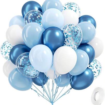 62pcs Blue & Silver Balloon Set, Including Metallic Blue, Light Blue, Silver Confetti Balloons, Suitable For Birthday, Baby Shower, Bridal, Wedding, Graduation Party Decoration