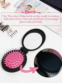 1 Mini Comb With Mirror, Dragon Fruit Color, Printed With Rhinestone Bow; Shining Accessories; Portable Travel Folding Comb, Women's Pocket Comb, Folding Airbag Comb, 2-In-1 Massage Comb - Multicolor - View 9