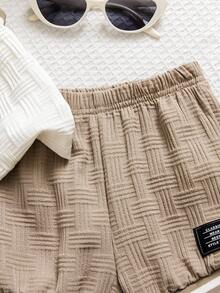 Bhchntiy Conjunto de 3 piezas para niños pequeños: chaleco de tela texturizada de unicolor con cuello de canalé, shorts y bolso bandolera casual de moda para el verano - Albaricoque - Ver 6