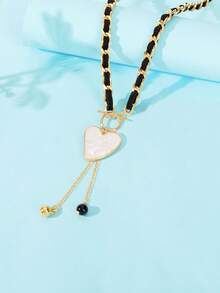 1 pieza Collar de mujer con cadena dorada, cuerda trenzada negra, colgante de corazón blanco y borla, joyería de moda para fiesta y uso diario - En forma de corazón - Ver 2