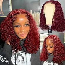 200% Density 99J Burgundy Short Kinky Curly 13x4 Lace Burgundy HD Lace Deep Wave Short Bob Wigs Human Hair Wigs 18 Inches - S99J - 查看 6