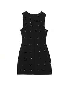 Solid Rhinestone Detail Tank Dress Casual Vacation Black Summer Elegant - Black - View 2