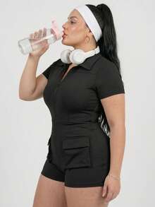 Women's Plus Size Fitness Jumpsuit For Gym, Sports, Winter, Cold Weather, Thermal Jumpsuit With Pockets, Cell Phone, Makeup, Cargo, Training, Running, Cycling, Butt-Lifting, Shapely With Zipper - màu đen - Xem 3