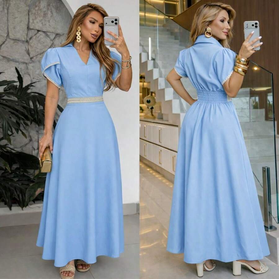 Elegant Women's Long Dress With Defined Waist, Evangelical Fashion For Weddings, Church Services, And Parties. - 淺藍色 - 查看 1