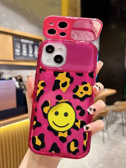1pc Fuchsia TPU Leopard Print Smiling Face Painted Flip Cover Mirror Minimalist Phone Case With Mirror Stand, Shockproof Phone Protective Cover Compatible With IPhone 17pro/17Air /17/17promax 16/11/16pro/16plus/16promax/16e/15Promax/13/14/12/XS/XR/7G/8PXR /7/8, Painted Soft Case For IPhone 15Promax, 13, 14, 11, X12/14, TPU Shockproof Painted Soft Shell Phone Case